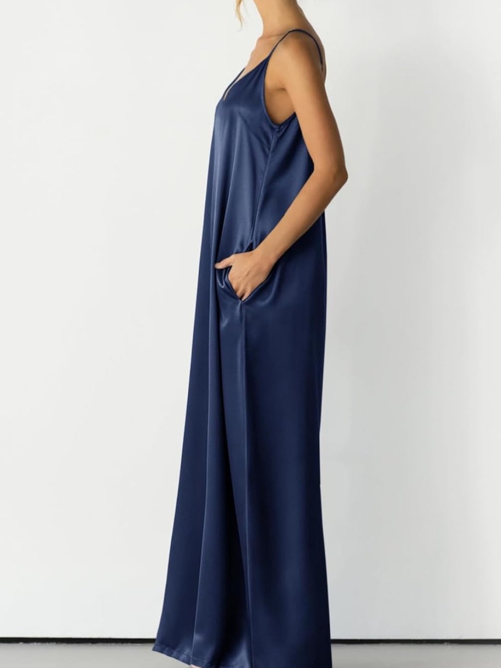 Amazon Navy Satin V-Neck Wide-Leg Jumpsuit - Picture 3 of 5